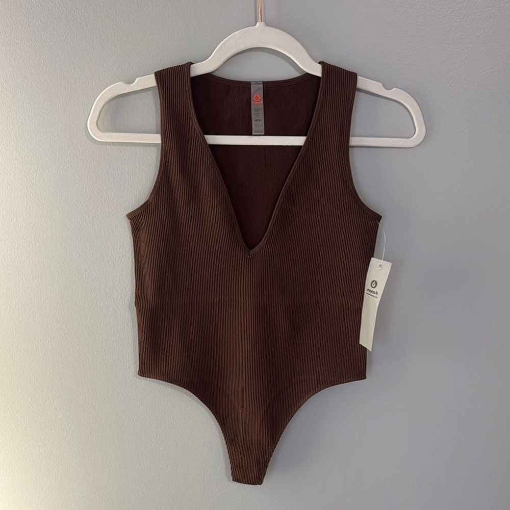 NWT Mono B Women's Brown Ripped V-Neck Thong Bodysuit